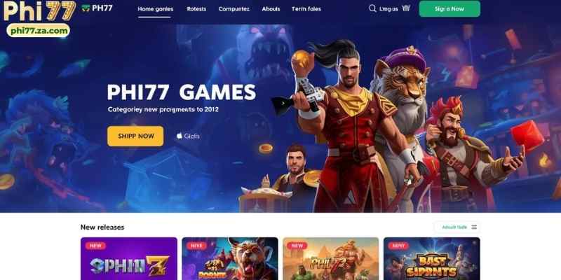 A visually appealing homepage of Phi77, showing multiple game categories and promotional banners.